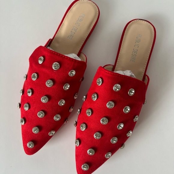 Public Desire Red Lily Diamente Stud Mules - Picture 2 of 7